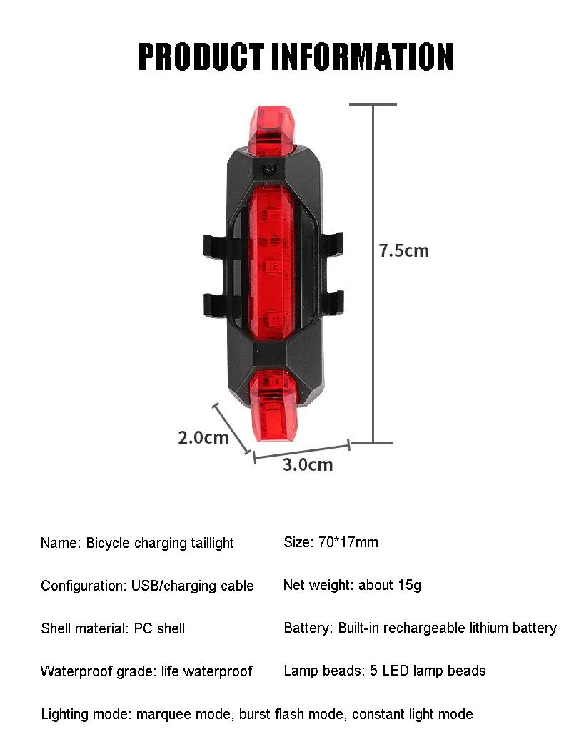 Night Riding Rechargeable USB Bike Light Waterproof Bicycle Taillight